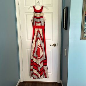 Eliza J orange, cream & white geometric print/halter maxi dress, size 8.